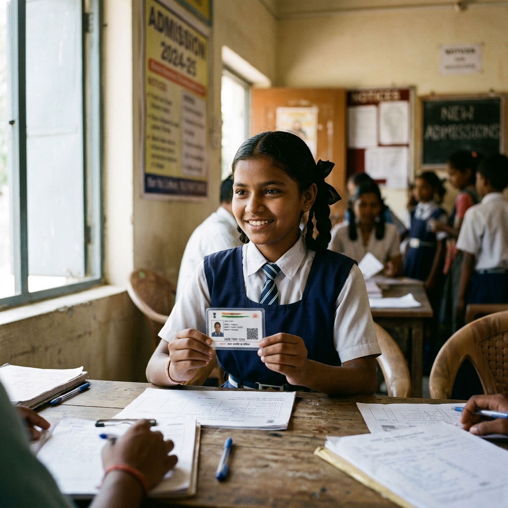 Indian school student validating profile document with Aadhaar card
