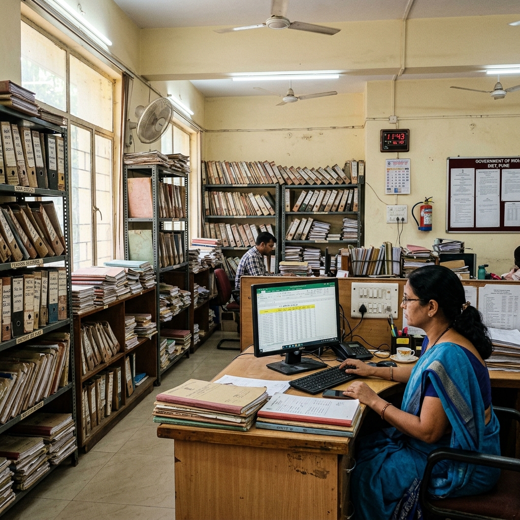 District education office room in India with files and computer dashboard screen