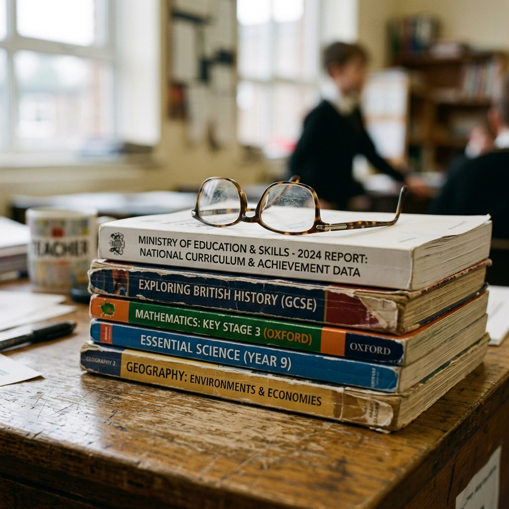 Stack of government educational reports and manuals on school desk
