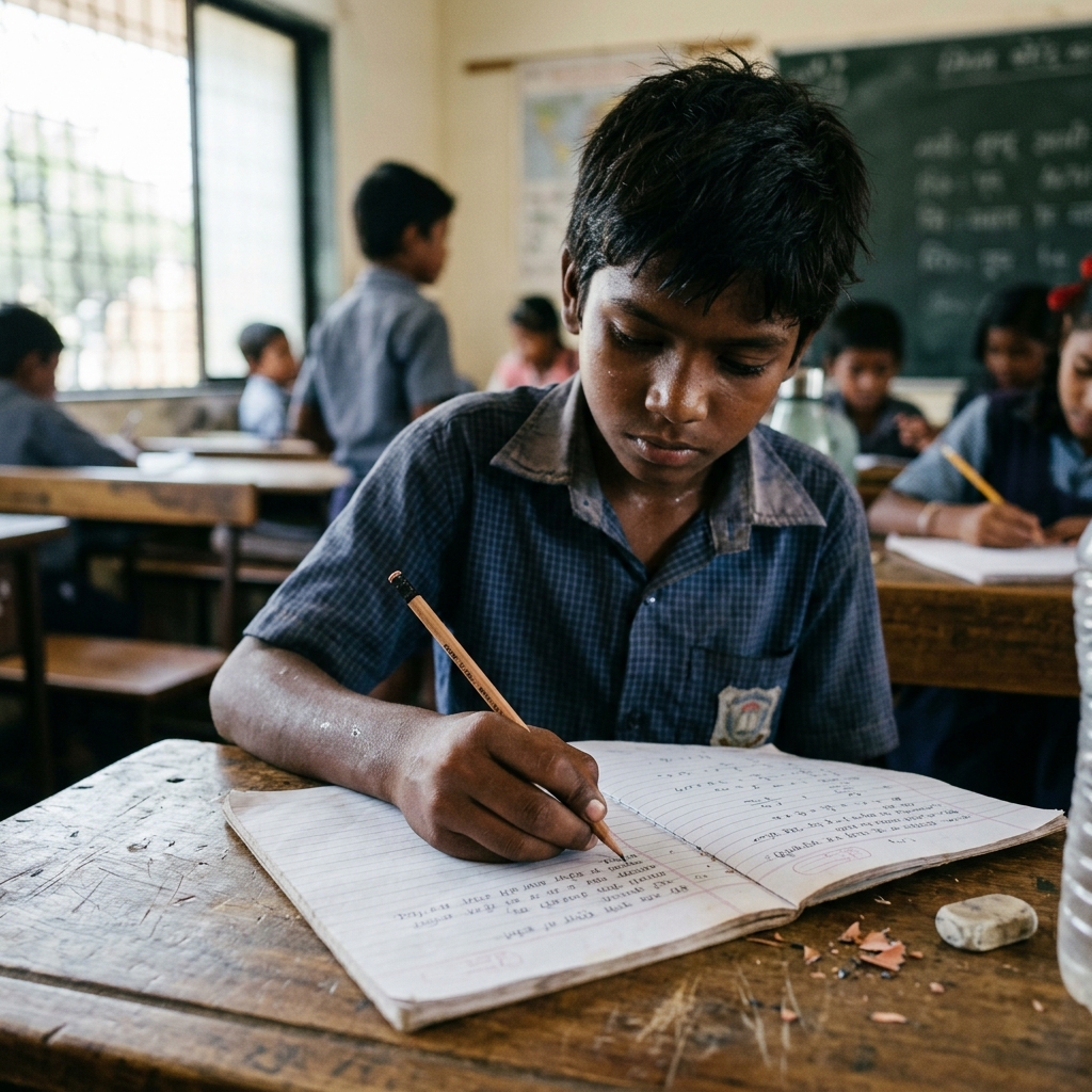 Indian primary school student writing in copy notebook