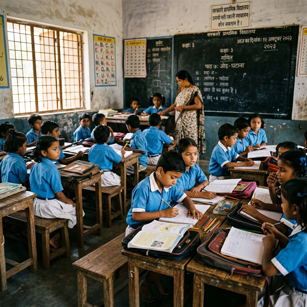 Indian Government Primary School Classroom with Students Studying