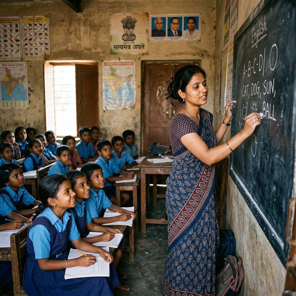 Teacher writing on blackboard in Indian primary school classroom