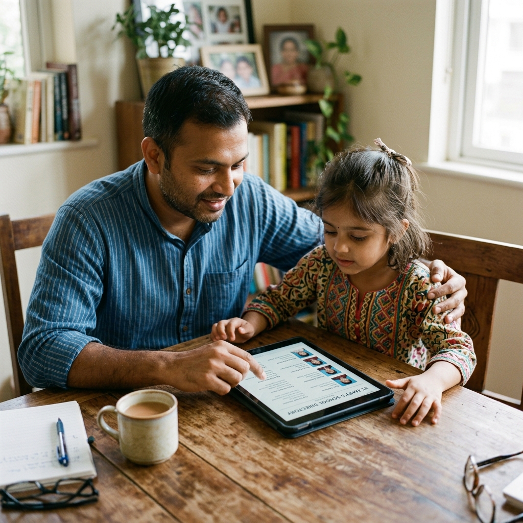 Indian parent verifying school directory and report cards on a tablet