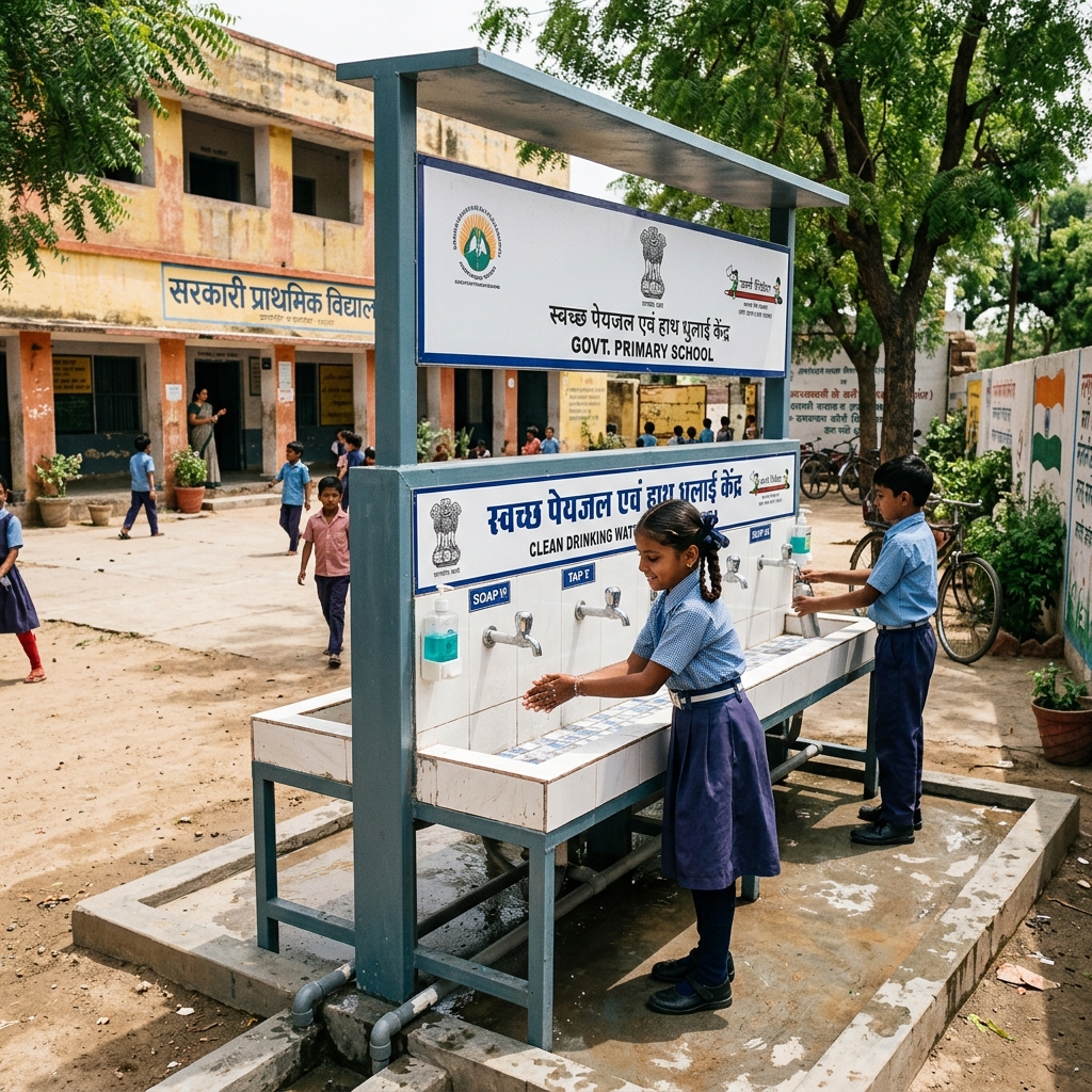 Clean drinking water and handwashing station facility at Indian primary school