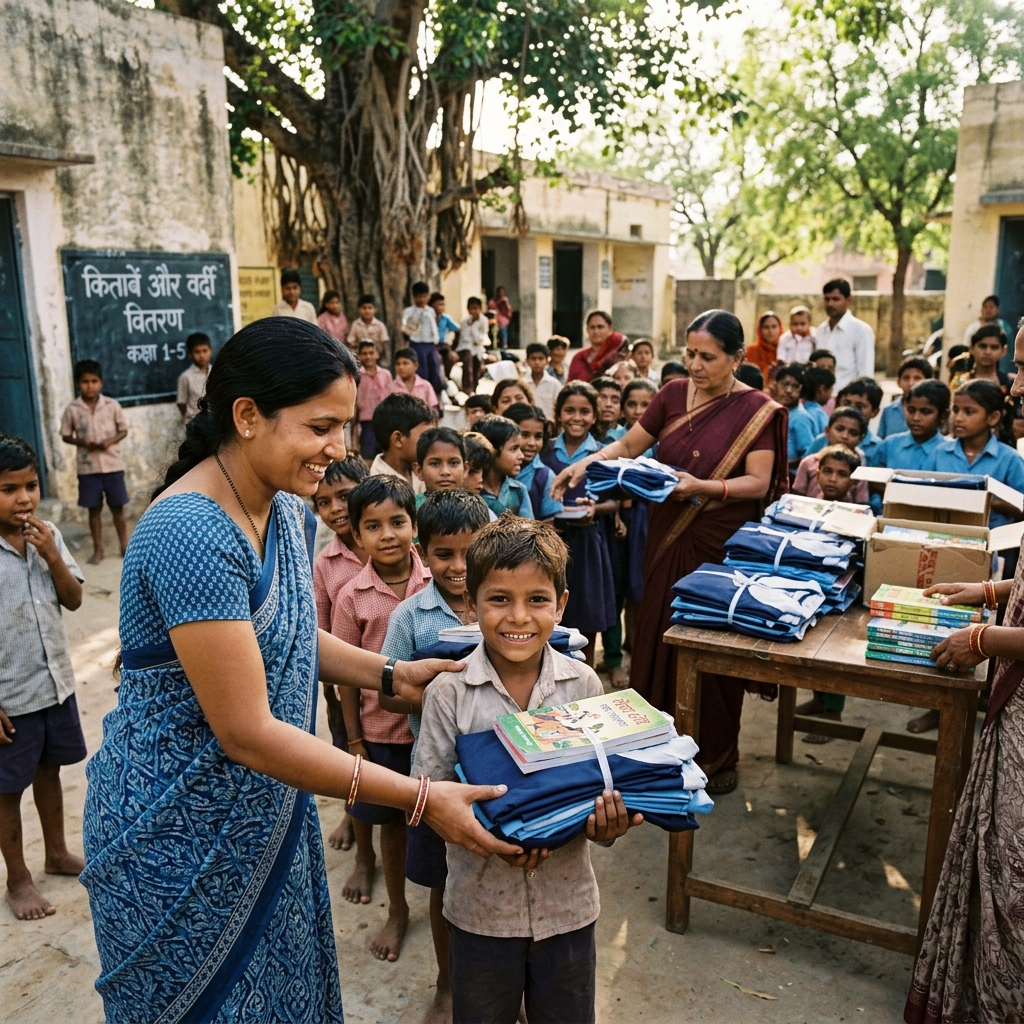 Indian school students receiving textbooks and school facilities uniforms