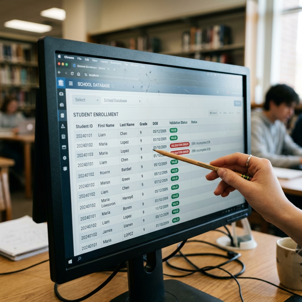 Computer screen showing school database validations and troubleshooting steps