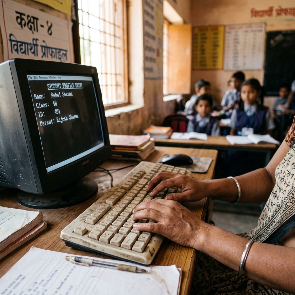 Teacher hands entering student profiles on computer keyboard