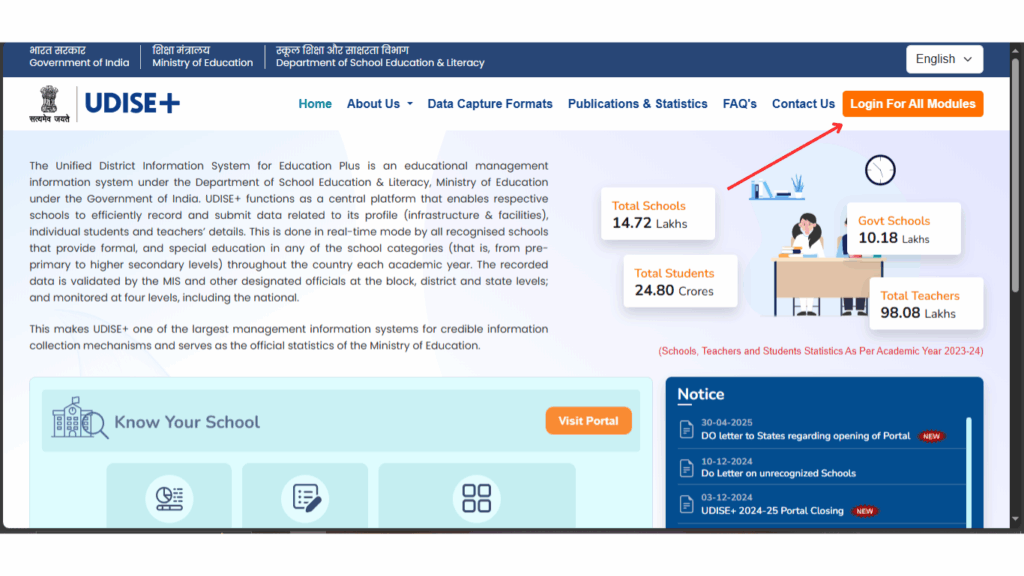 UDISE Plus Homepage highlighting the Login For All Modules Button