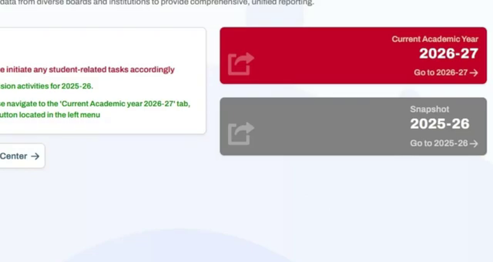 Academic Year 2026-27 card highlighted in red on the school dashboard