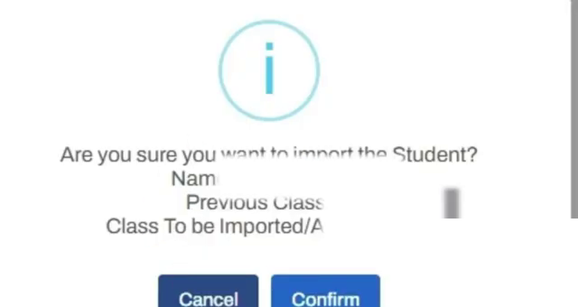 Confirmation popup showing student import details with the Confirm button highlighted