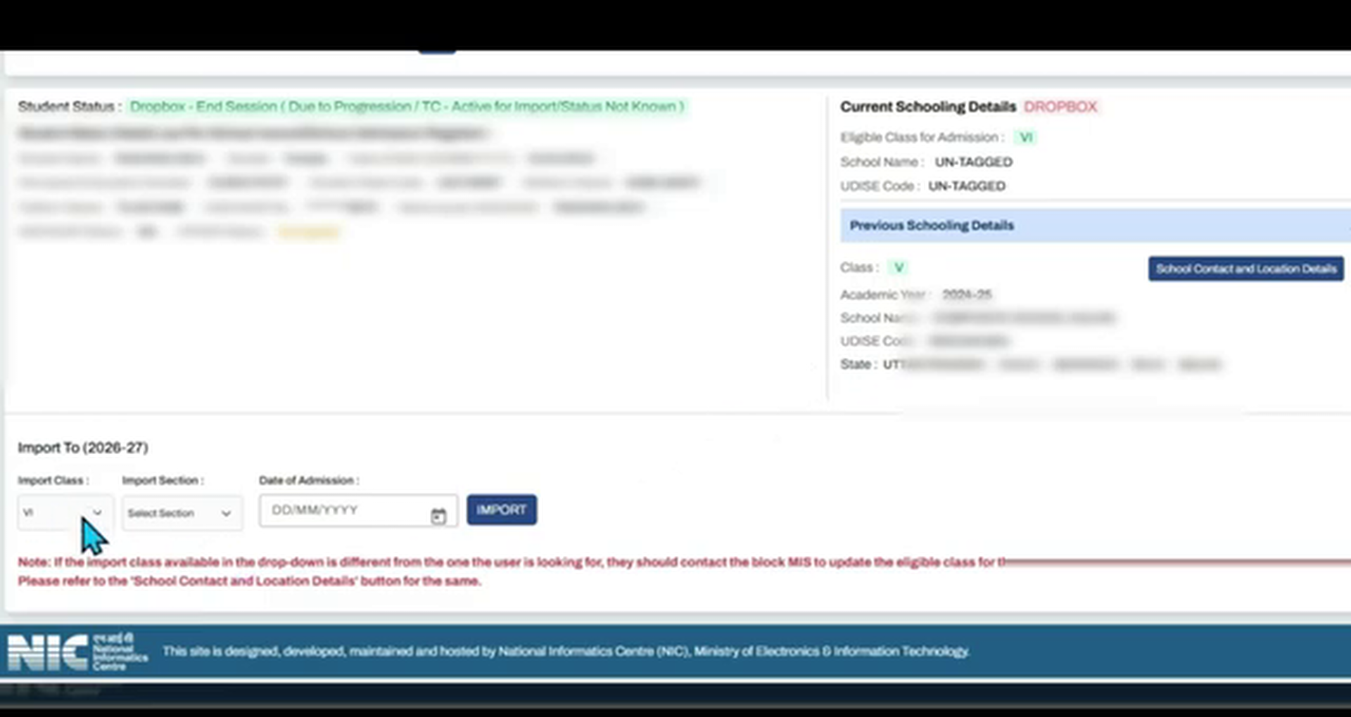 Import To details card requesting Class, Section, and Date of Admission