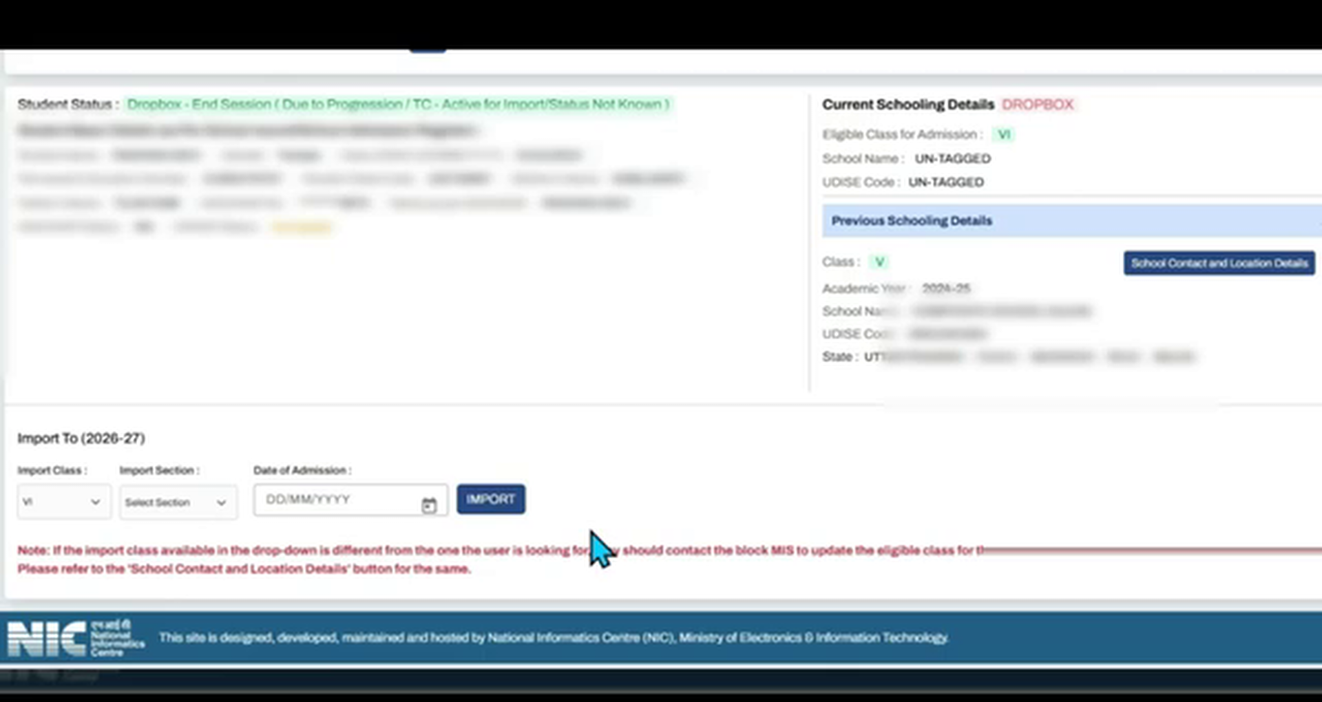 Student profile showing Active for Import in green with previous school details