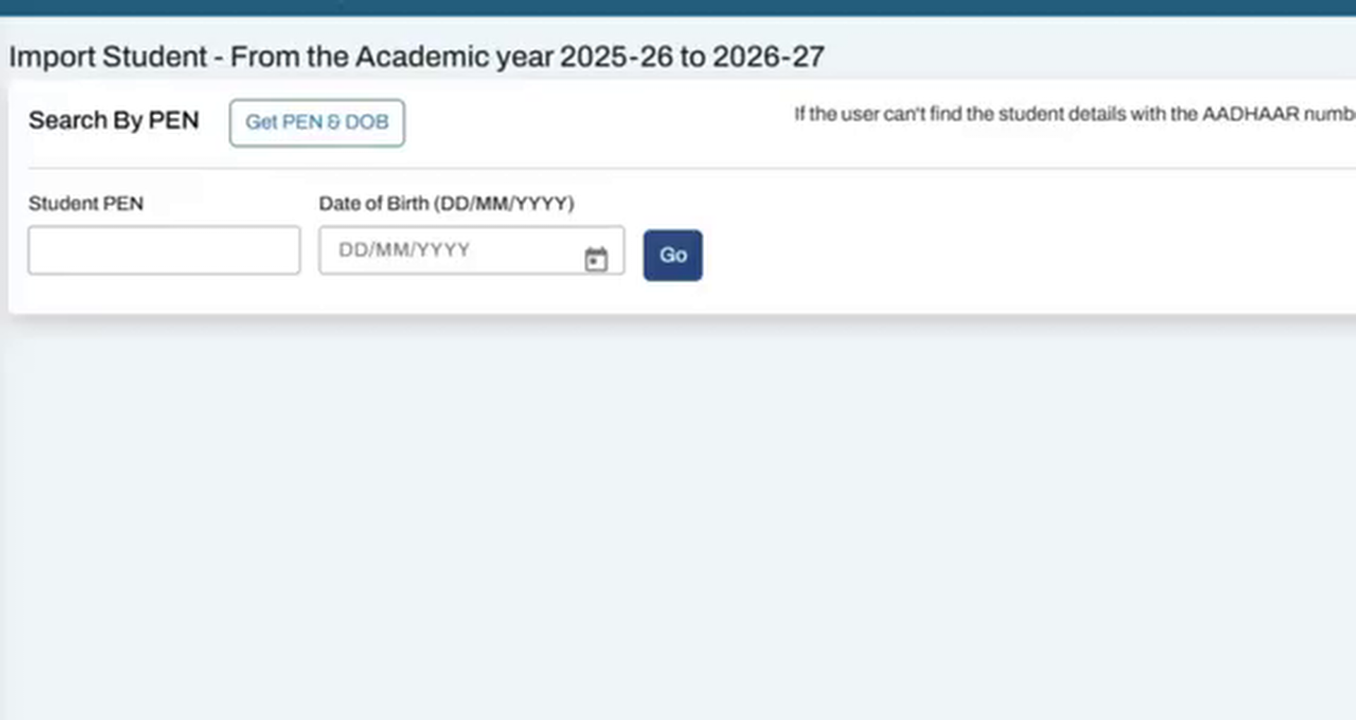 Student Import form with PEN and Date of Birth entry fields highlighted