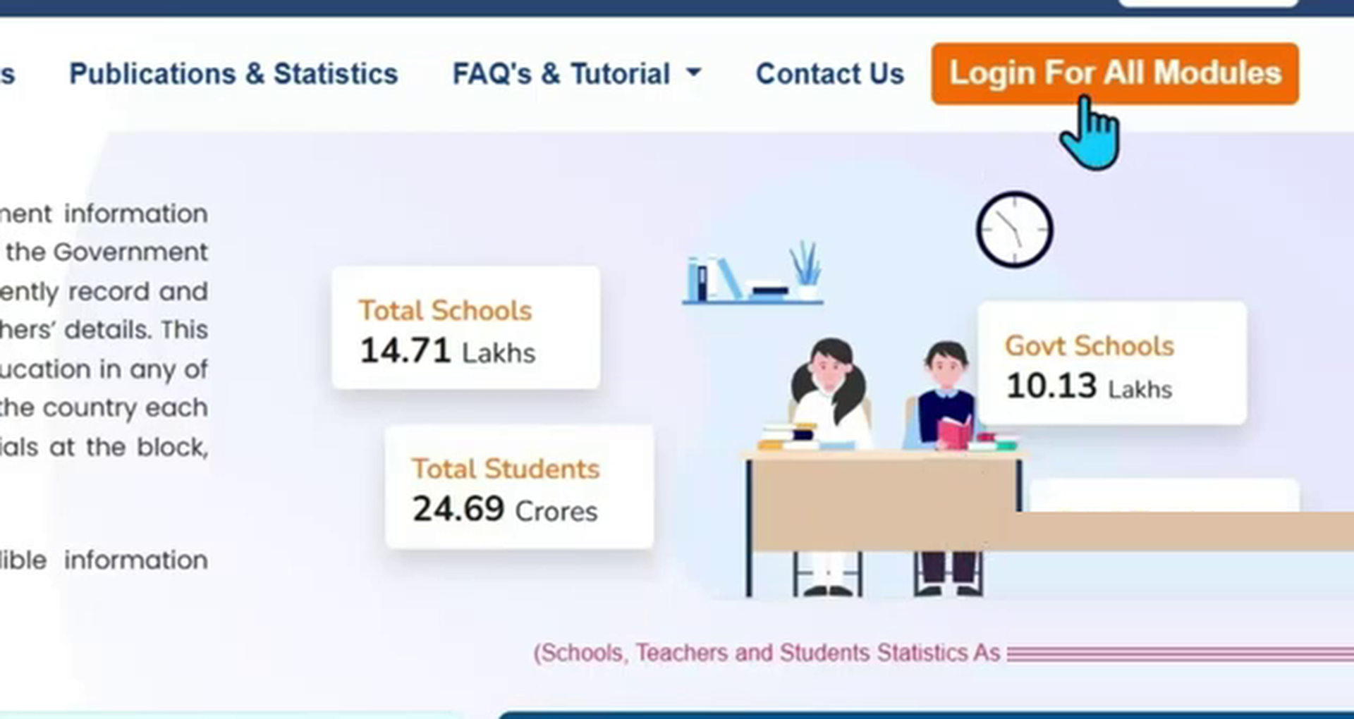 UDISE Plus Homepage highlighting the Login For All Modules Button