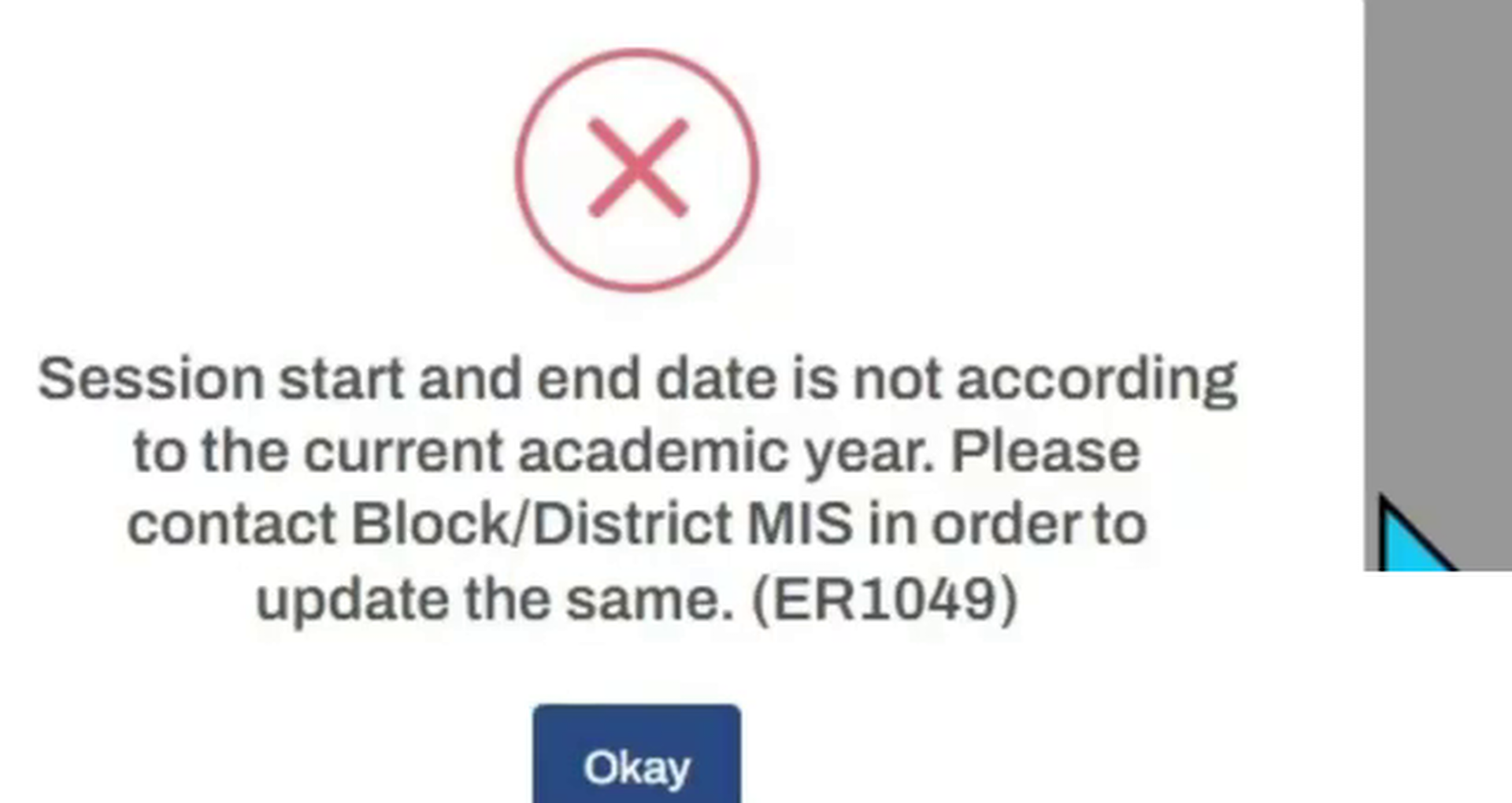 Portal showing error popup due to student record belonging to older session
