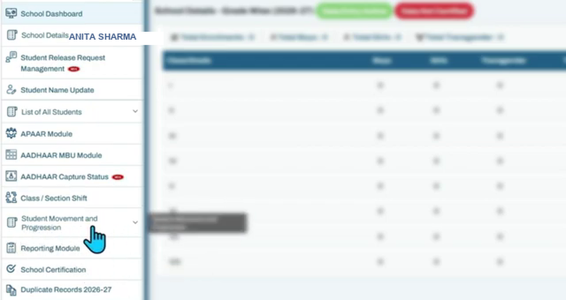 Left sidebar menu highlighting Student Movement & Progression navigation link