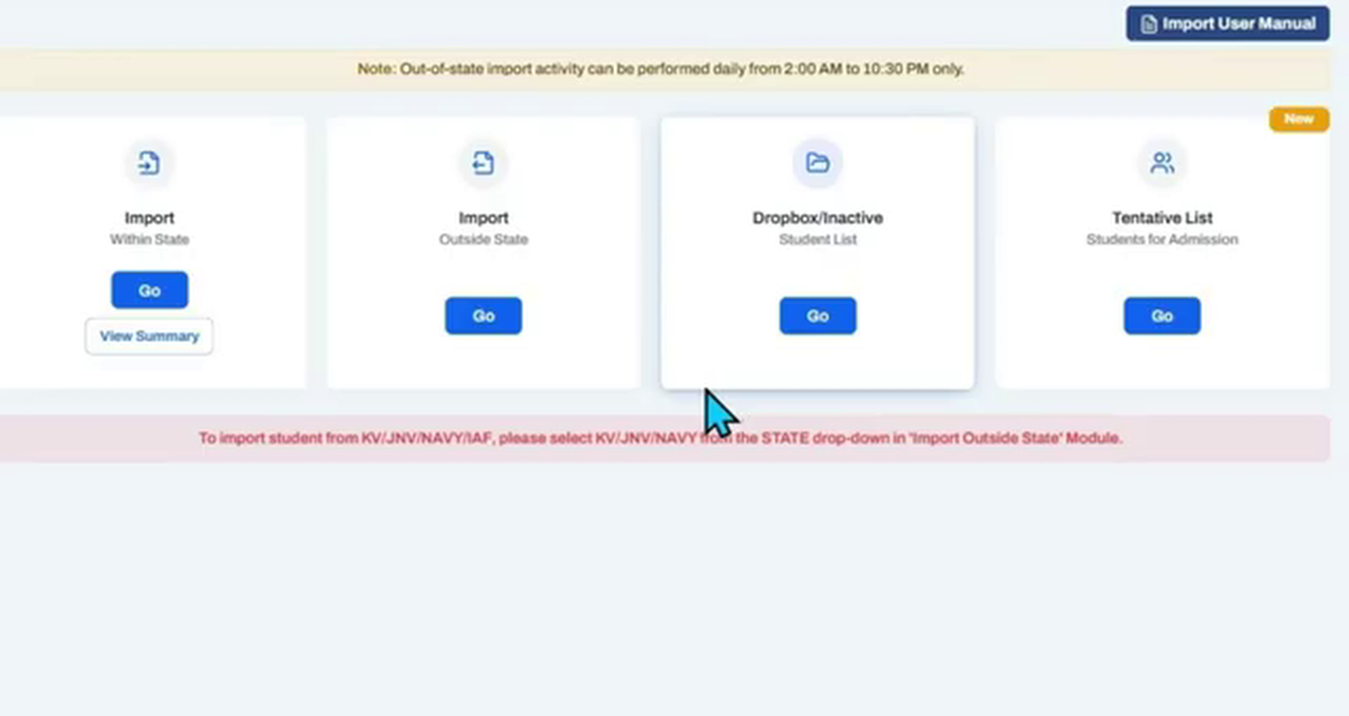 Import Module card highlighting the Go button for Within State imports