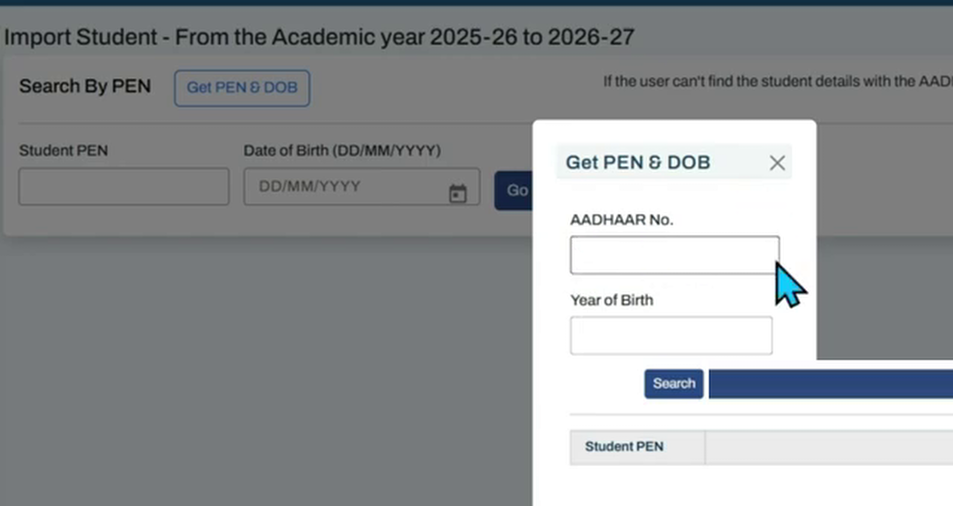 Search by PEN modal popup requesting Aadhaar and Year of Birth