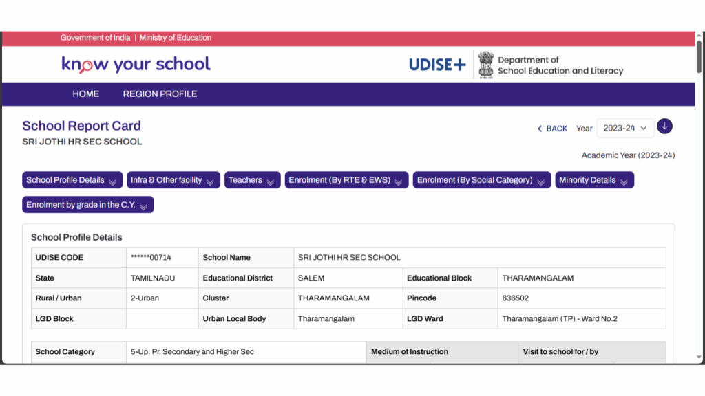 School report card page showing detailed teacher and student stats on Know Your School