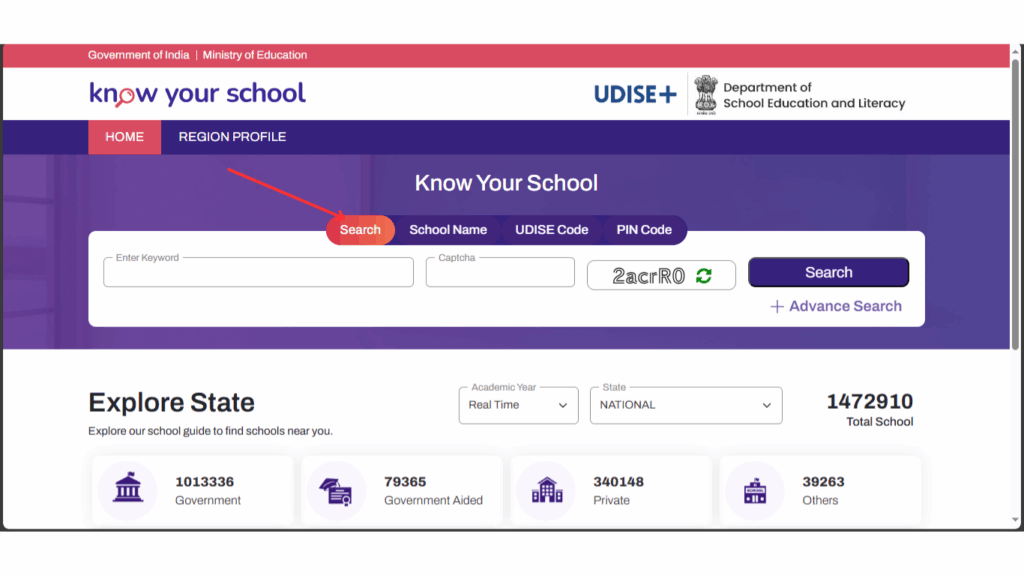Know Your School portal landing screen showing search options