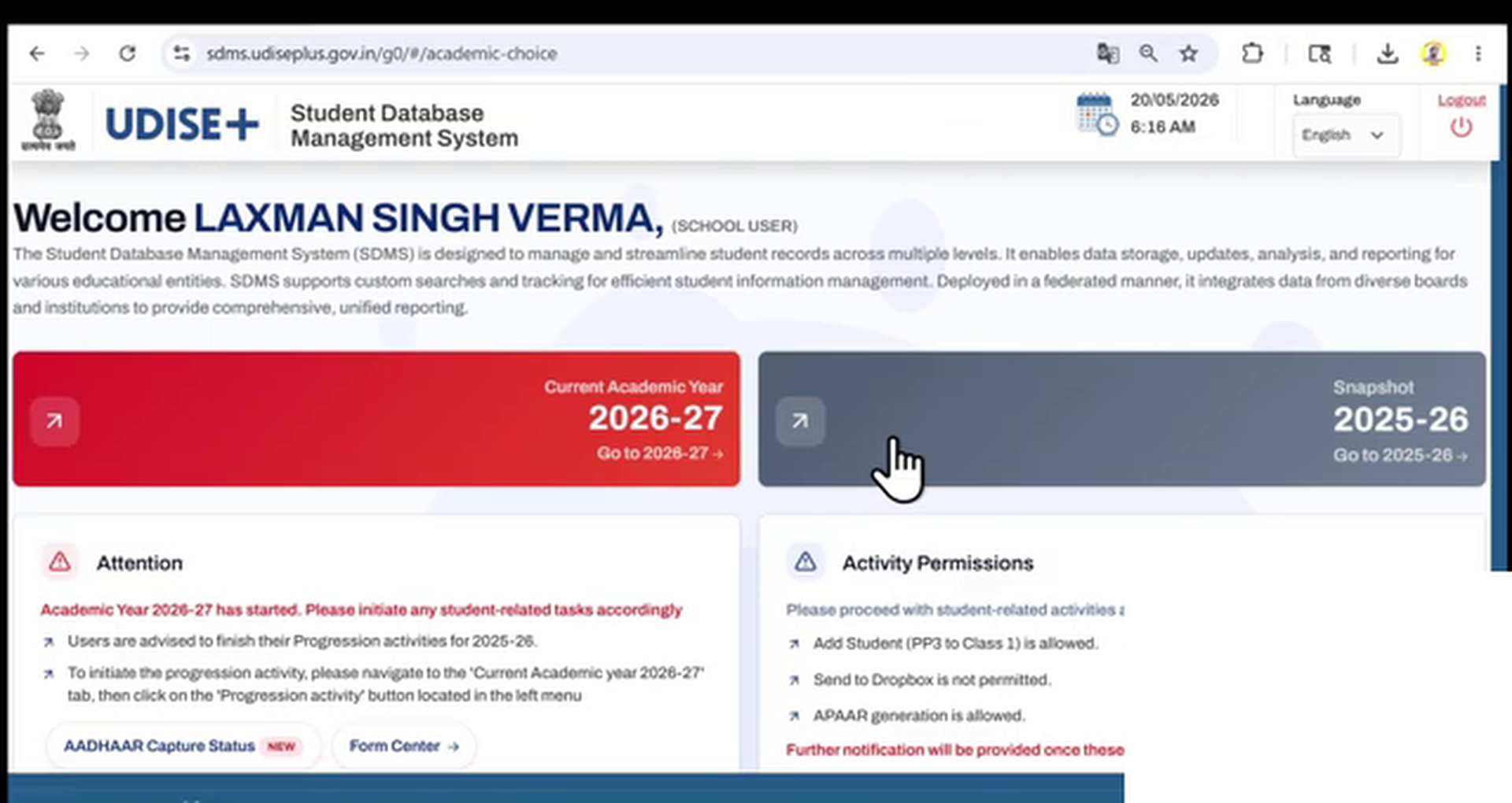 Dashboard panels for Academic Year 2025-26 and Academic Year 2026-27 selection