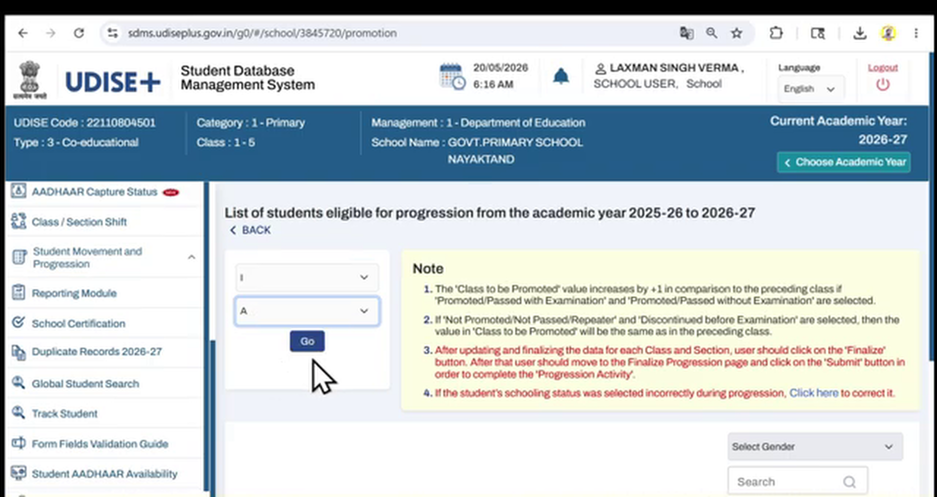 Class and Section dropdown selection filters with the Go button highlighted