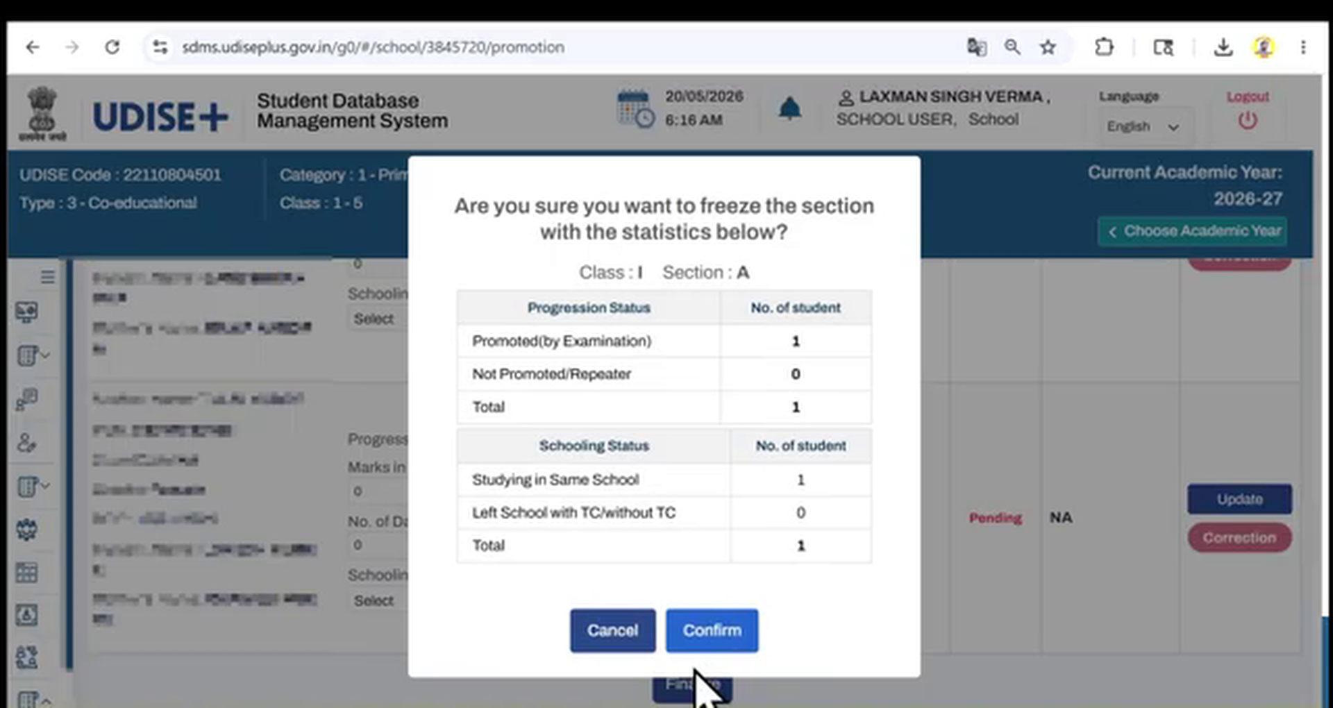 Class promotion summary confirmation dialog box with the Confirm button highlighted