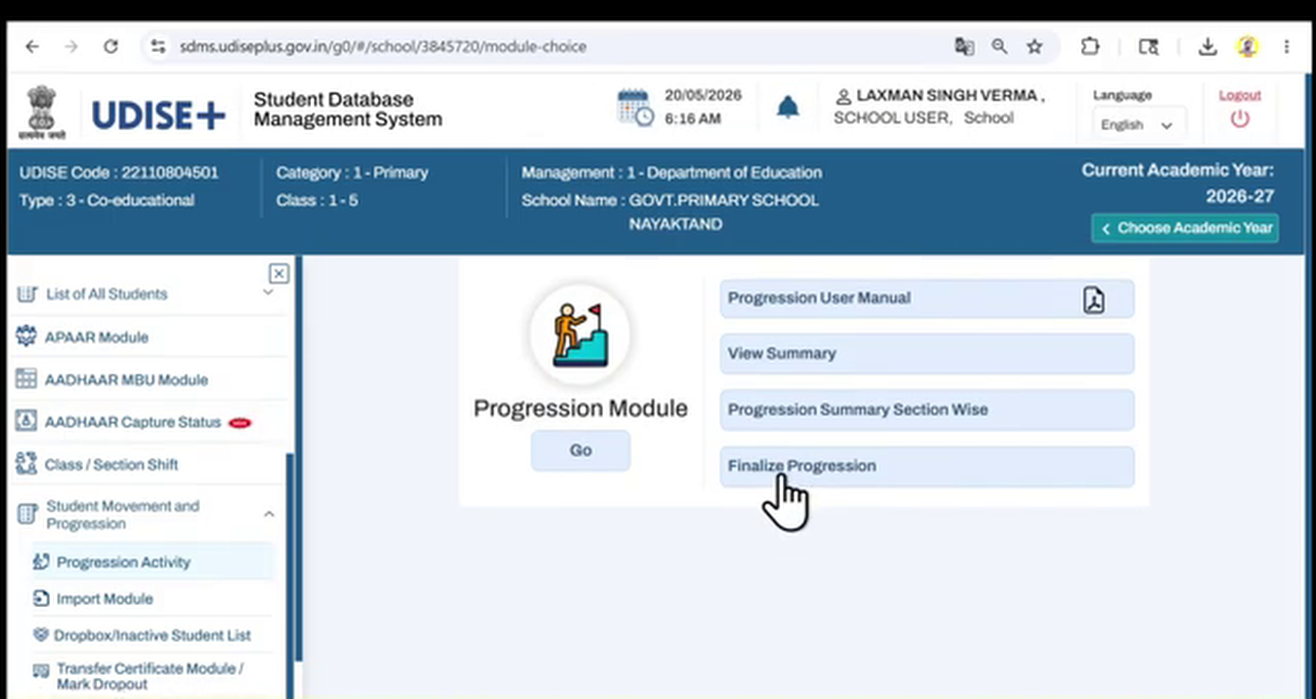 School-level finalization page displaying class completion list and Finalize Progression button highlighted