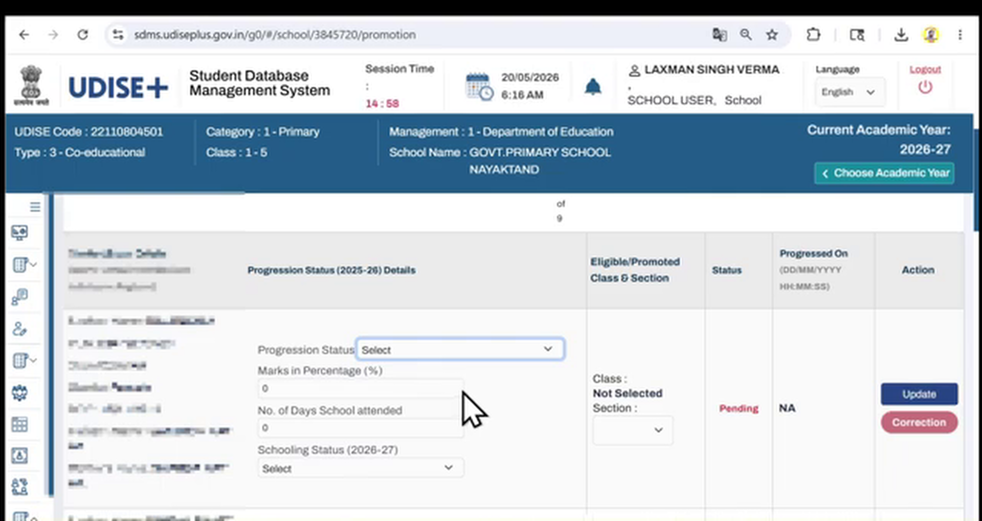 Student data entry row with Progression Status, Marks, Attendance, Schooling Status, and Update button highlighted