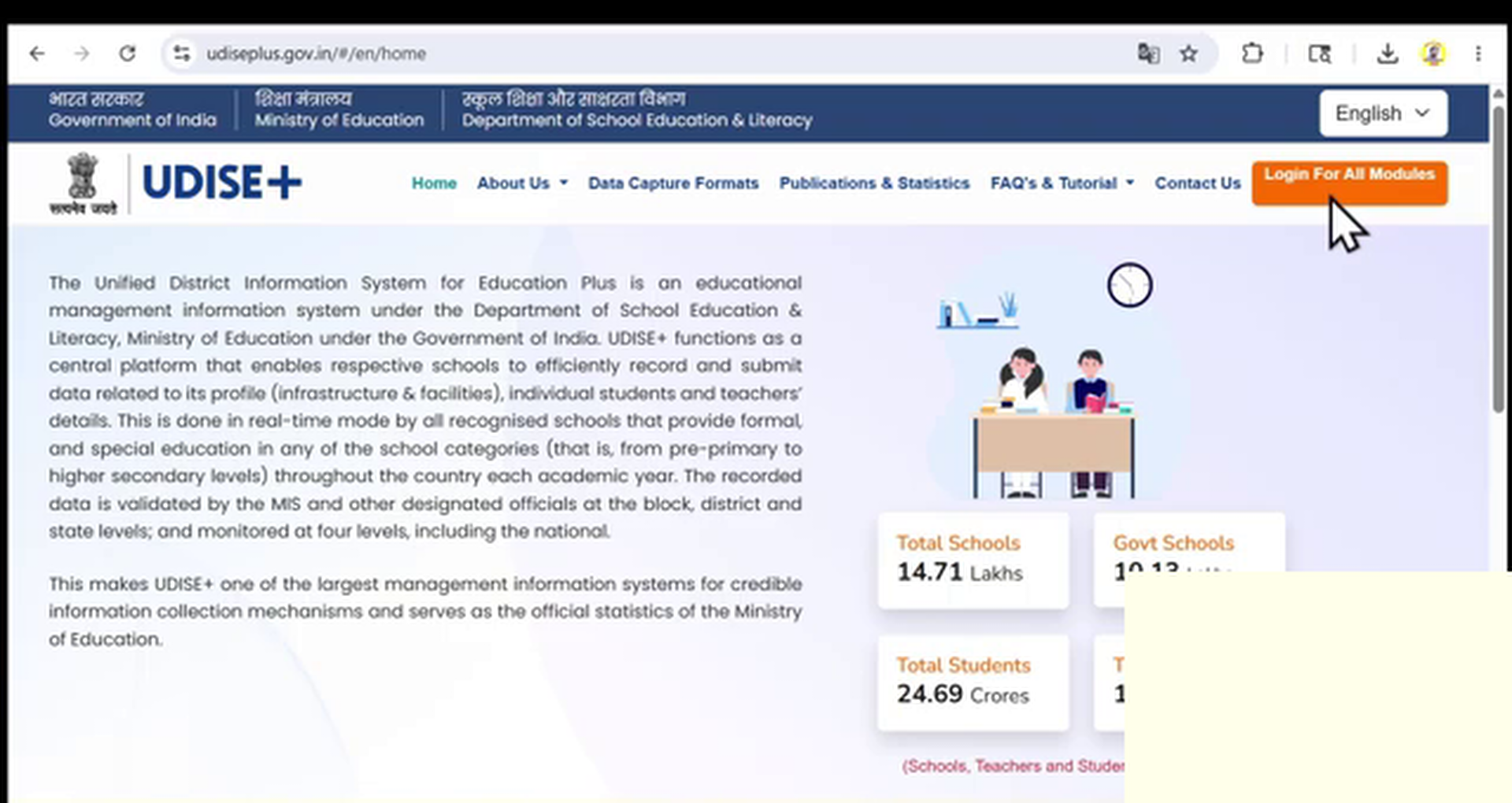 UDISE Plus Portal Homepage highlighting the Login For All Modules Button