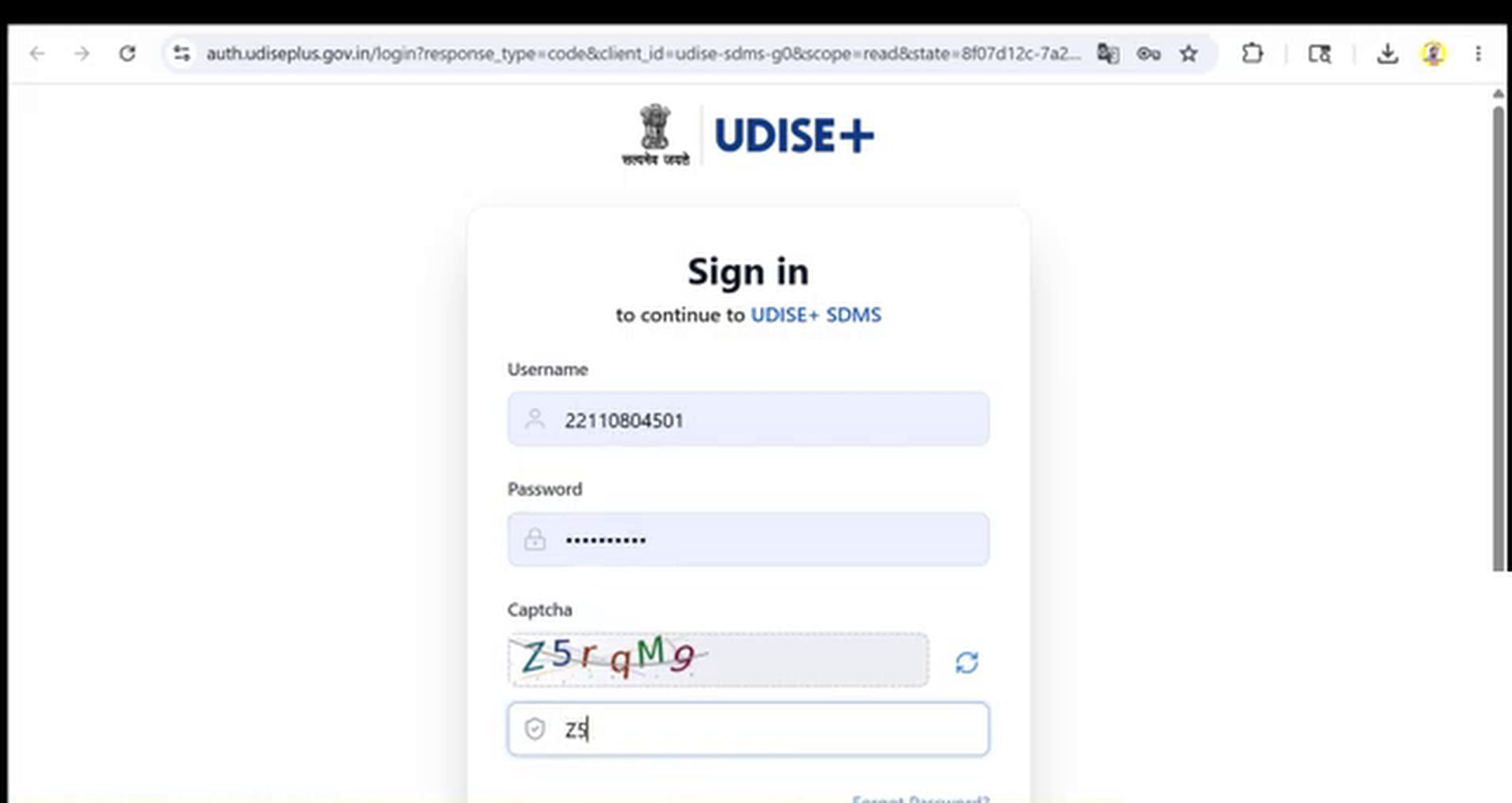 School SDMS Login Page with Username, Password, Captcha fields, and Sign In button highlighted