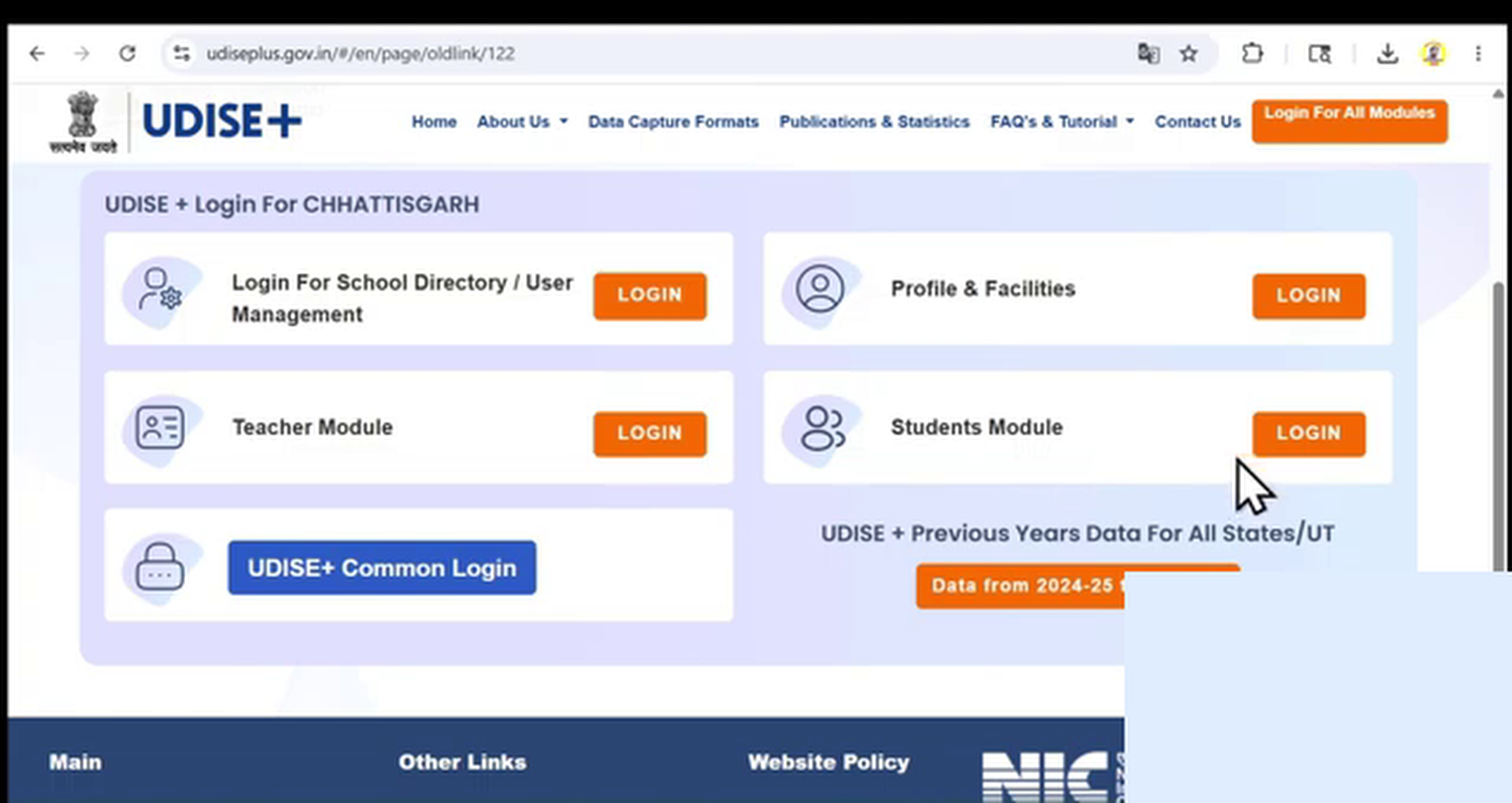 State Selection dropdown and Login button in the Student Module section