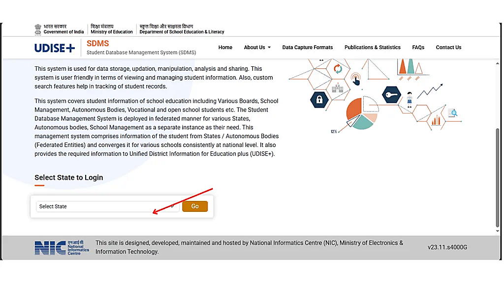 UDISE Plus Student Module SDMS Home Page State Selection