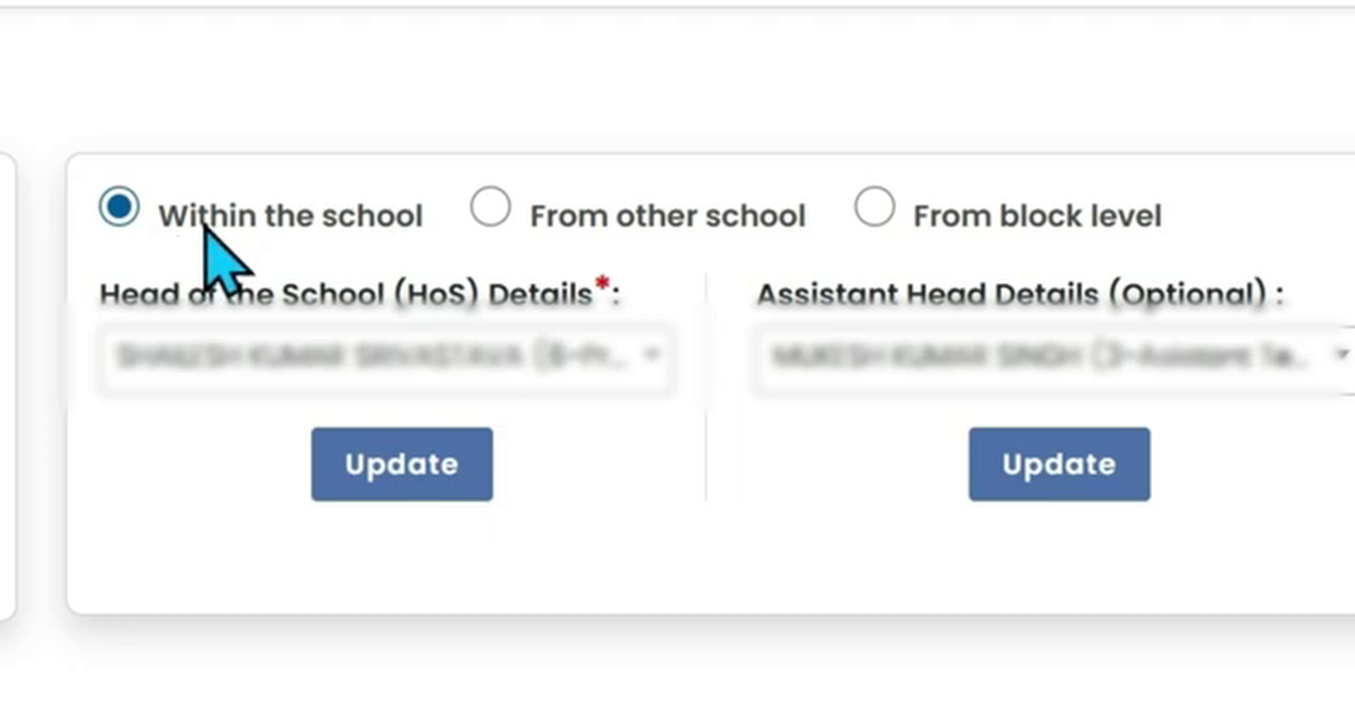 Teacher selection dropdown and update form for Within the School mapping