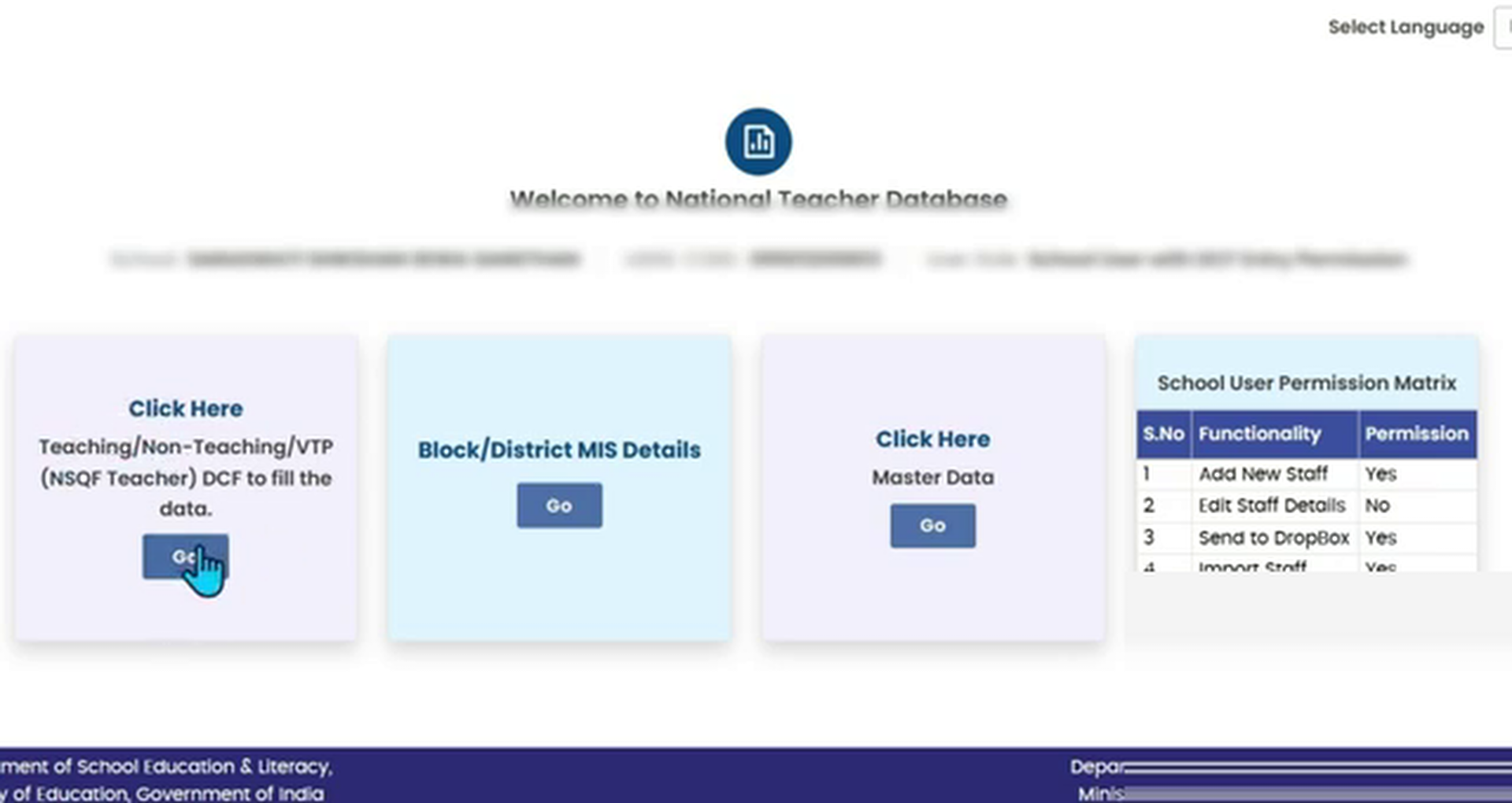 Teacher DCF homepage highlighting the Go button under Teaching Staff