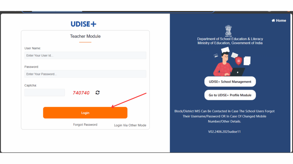 Login gateway for UDISE Plus Teacher Module requesting username, password, and Captcha